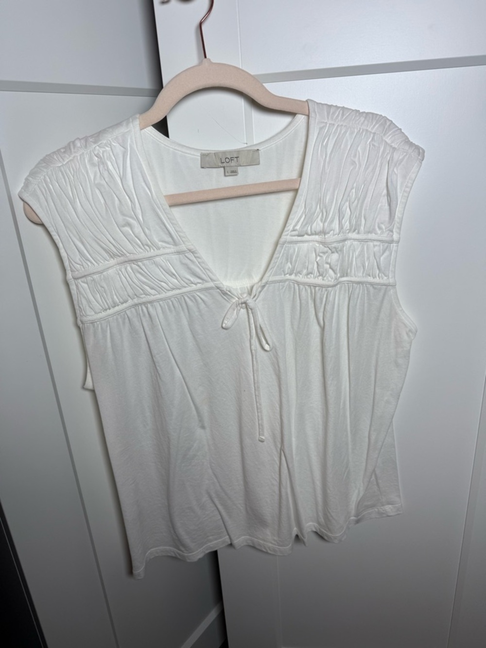 LOFT White Cap-Sleeve Tie-Front Knit V-Neck Blouse